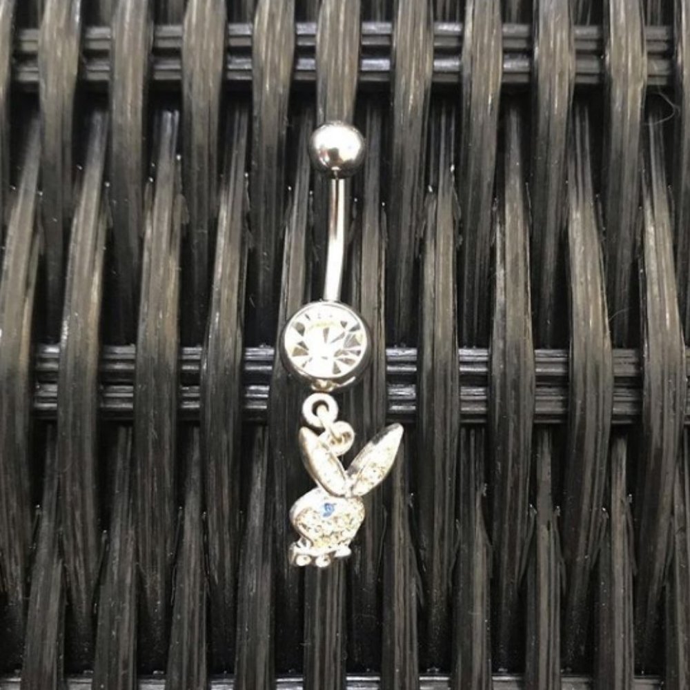 playboy silver crystal belly button navel ring with blue eye